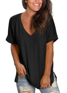 SAMPEEL Women's V Neck T Shirt Rolled Sleeve Side Split Tunic Top 3XL - Picture 1 of 5