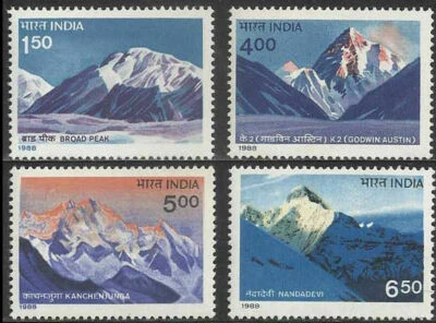 India 1988 Mountain Peaks Himalayas k2 Kanchenjunga stamp set 4v - Image 1 of 2