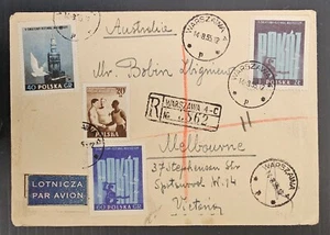 1955 Poland Airmail Reg Cover ties 4 stamps cd Warsaw-Melbourne - Picture 1 of 2