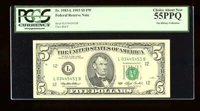 DBR 1993 $5 FRN San Francisco Fr. 1983-L PCGS 55 PPQ Serial L03445451B - Image 1 of 2
