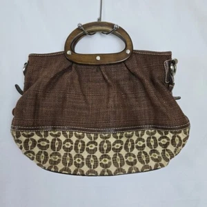 Fossil Brown Woven Raffia MCM Fabric Print Magnetic Snap Wood Handle Handbag Vtg - Picture 1 of 12