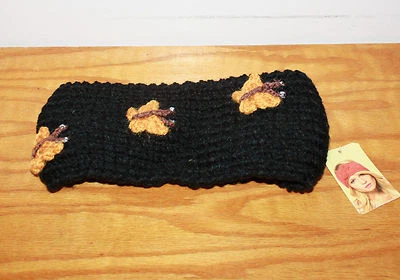 Black Crochet Headband Headwrap Knitted w Butterflies Ear Warmer  - Image 1 of 2