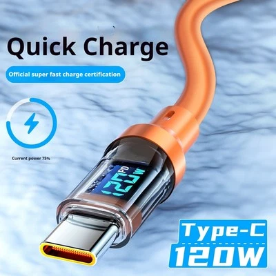 USB-C to USB-C 120W LED Power Display Charging Cable Data Sync for Phone/Pad/Mac - Image 1 of 4