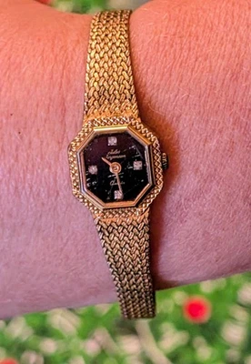 Reloj Mujer Jules Jurgensen 4 Diamantes 4719 Negro y Oro. Bien usado. No funciona. Foto 1 de 4