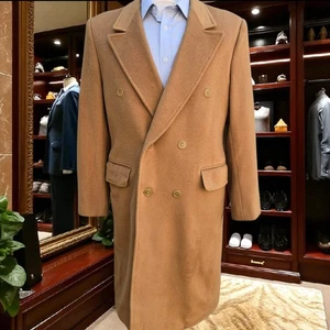 Vintage Bespoke Double Breasted Overcoat 40r Peak Lapel Wool Camel Color - Picture 1 of 23
