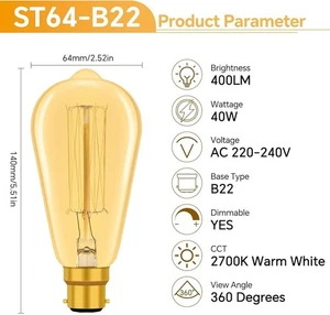 ST64 LED Bombillas Edison Bombilla Vintage Filamento Regulable Bombilla E27 40W 2X - Imagen 1 de 2