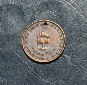 1890er Medaille White Brothers & Company Boston Mass WILLOW CALF Good Luck Coin - Bild 1 von 2