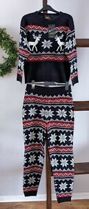 FAIRISLE CHRISTMAS CO-ORD 2 PART SET NAVY KNITTED JUMPER WITH TROUSERS SIZE UK14