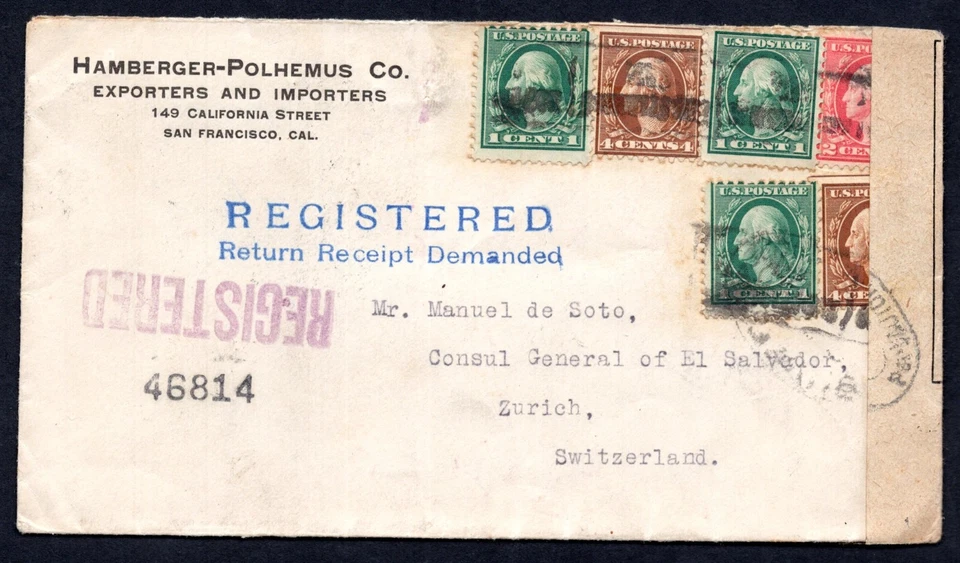 US TO SWITZERLAND 1918 REGISTERED WWI COVER SAN FRANCISCO TO ZURICH - Image 1 of 2
