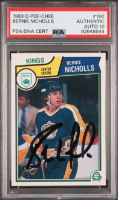 Tarjeta de novato firmada por Bernie Nicholls 1983 O-Pee-Chee #160 autógrafo RC PSA 10 automático Foto 1 de 2