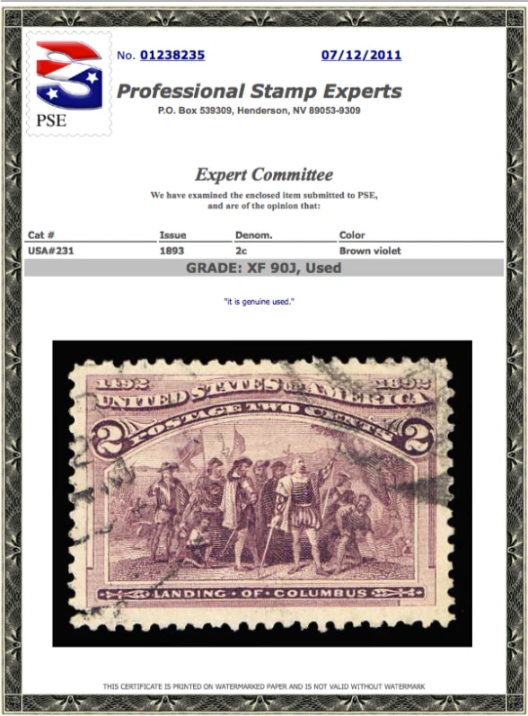 #231 Used, 2 cent Columbian PSE Graded 90J-Jumbo, PSE Cert # 01238235 - Image 1 of 1