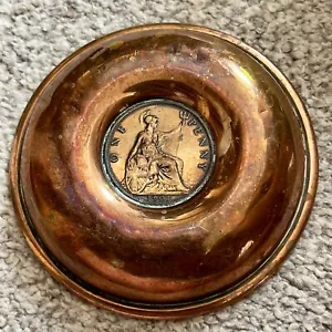 Vintage One Penny Coin From 1901 - Brass / Copper Pin Tray Dish Ashtray? 3.5” - Picture 1 of 16