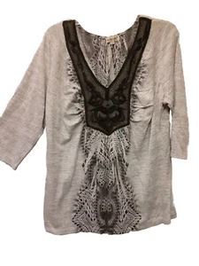 New World Ladies Plus Sz 1X Gray Black Top V Neck 3/4 Sleeve Lace Sequins - Picture 1 of 12