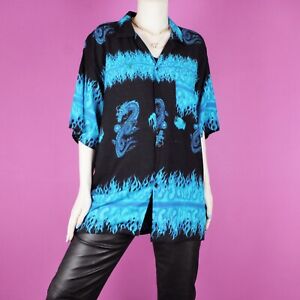 VINTAGE flame 2000s y2k 90s mens black blue anime dragon print shirt top medium