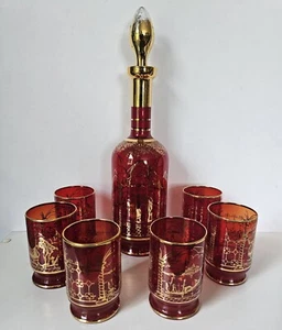 Vtg Decanter 6 Glasses Bohemian Ruby Cranberry Red Gold Overlay W/ Stopper Glass - Picture 1 of 10