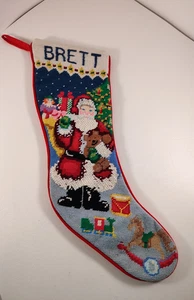 Vintage Needlepoint Christmas Stocking Santa With Toys Red Velvet Back BRETT - Picture 1 of 5