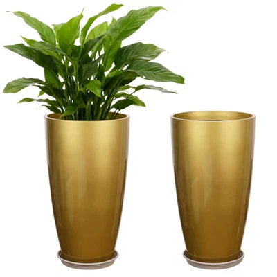 Macetas de resina de 21" H para exteriores interiores resistentes a los rayos UV con bandeja de filtro 2 piezas Foto 1 de 4