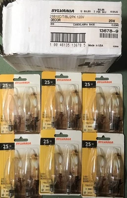 12- B10-25 Watt Bulbs,Blunt Tip Clear Finish, Candelabra Base, New In Box, USA - Image 1 of 4