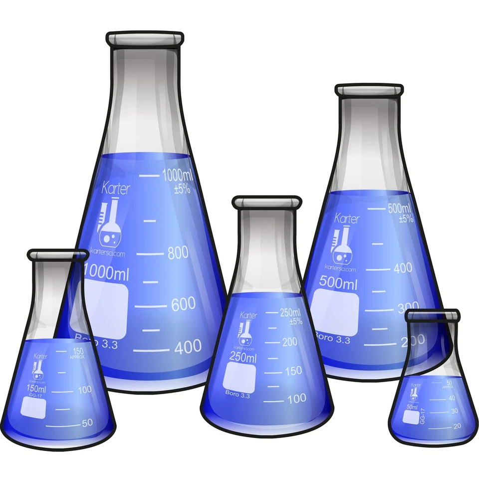 Flask Set of 5 Laboratory Glassware Science Lab Chemistry Beaker Erlenmeyer