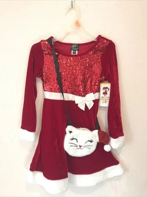 Vestido acampanado de terciopelo de vacaciones rosa y violeta para niñas talla 7 con cartera para gatos, rojo/blanco Foto 1 de 4