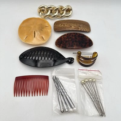 Vtg Lot of 9 Acrylic Wood Oval Rectangle Sand Dollar Hair Barrettes Clips Pins - Image 1 of 4