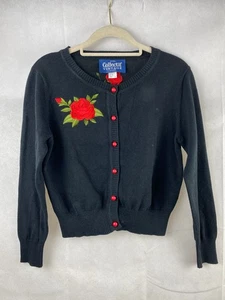 Collectif Cardigan UK 10 S Black Embroidered Rose 3/4 Sleeve - Picture 1 of 16