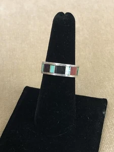 Signed Vintage Navajo Multi Stone Inlay Sterling Silver 925 Ring Size 7 - Picture 1 of 11