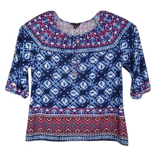 N Touch Top Blue Red White Women Size M Multicolor 3/4-Sleeve Boho Tunic Blouse - Picture 1 of 9