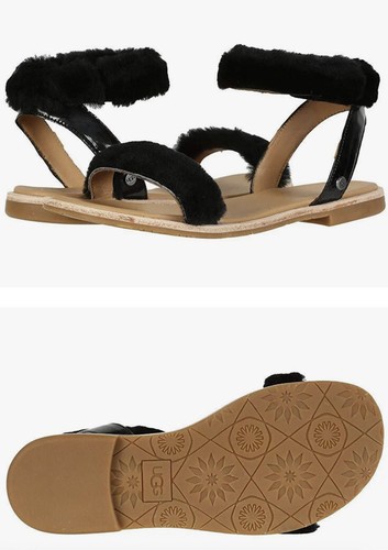 SANDALO UGG FLUFF SPRINGS NERO PELLICCIA PIATTA SHEARLING DONNA US 6 5