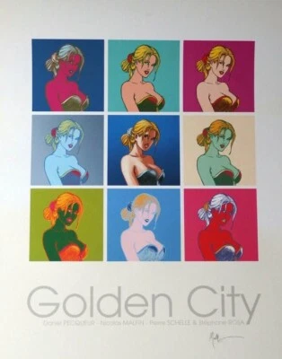 Malfin signierter Kunstdruck Golden City Pin-Up-Nudes Andy Warhol Pop Art Manier - Bild 1 von 2