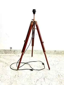 Copper Antiqued Nautical Wooden Adjustable Tripod Shade Lamp Stand Bedroom - Picture 1 of 6