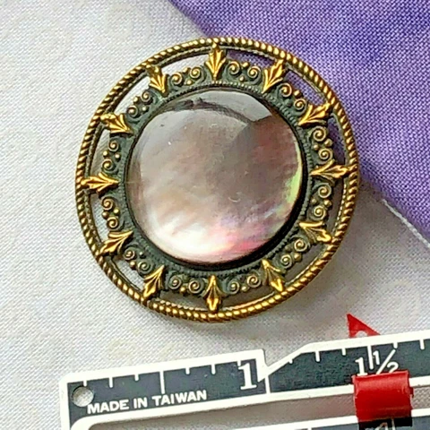 7018 - Iridescent Shell Set in Fleur De Lys Pierced Border 1800s Large Button Cover