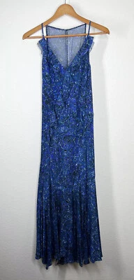 Rebecca Taylor Blue Floral Silk Maxi Dress Size 12 Ruffled Handkerchief Hem - Image 1 of 4