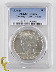 1934-D $1 Peace Dollar Graded by PCGS as Genuine Cleaning - UNC Details! Great! - Picture 1 of 4