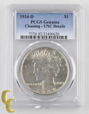 1934-D Peace Dollar Graded by PCGS as Genuine Cleaning - UNC Details! Great - Image 1 of 4