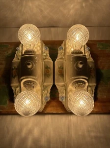 PAIR Vtg Art Deco Wall Sconce / Ceiling Flush Mount Porcelain Fixture Floral MCM - Picture 1 of 22