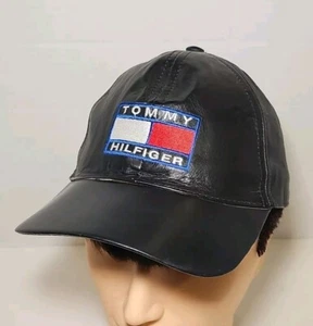 Vintage Tommy Hilfiger Black Leather Men's Strap Back Hat Cap Embroidered Logo - Picture 1 of 6
