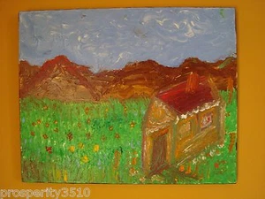 Original Moderne Kunst Abstraktes Ölgemälde Auf Leinwand Haus und Blumen - Bild 1 von 3