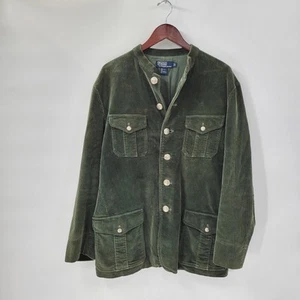 VTG Polo Ralph Lauren Mens Corduroy Military Jacket L Green Lion Crest Mock Neck - Picture 1 of 15