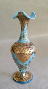 Moser Victorian Blue Glass Opaline Turquoise Gold Gilt Small Vase 5.25" tall - Picture 1 of 12