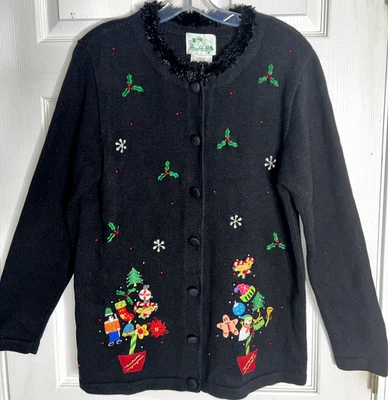 Sz Medium THE QUACKER FACTORY Christmas Embroidered Beaded Cardigan SWEATER - Image 1 of 4