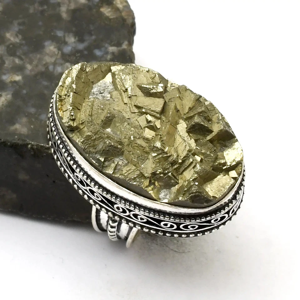 Joia anel design antigo pedra preciosa drusa pirita Apache tamanho EUA-8 AR 42014 - Imagem 1 de 1