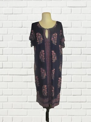 Vestido recto tejido floral boho azul marino rosa Lucky Brand con ojo de cerradura talla L Foto 1 de 4
