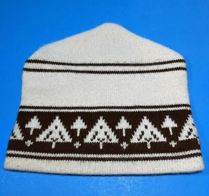 Vintage Ski Lodge Hat Wool Blend Tan Brown with Trees Stretches Winter Cap - Picture 1 of 10