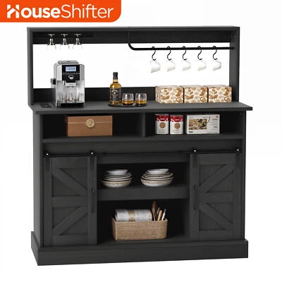 Coffee Bar Cabinet Sliding Barn Door Sideboard Storage Wine & Water Glass Racks - Image 1 of 4
