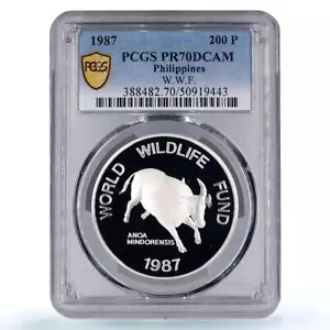 Philippines 200 piso Mindoro Bull Wildlife WWF Fauna PR70 PCGS silver coin 1987 - Picture 1 of 2