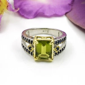 Natural Rectangle Peridot Gemstone Sterling Silver Wedding Ring Sapphire Jewelry - Picture 1 of 7