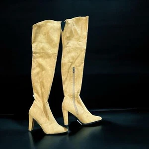 Shoe'N Tale Stretch Suede Chunky Heel Over The Knee Boots Thigh High Brown - Picture 1 of 8