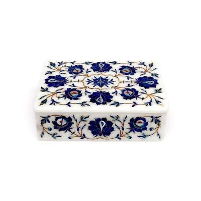 Marble jewelry Box Semi Precious Stone lapis floral Inlay handicraft Work - Image 1 of 4