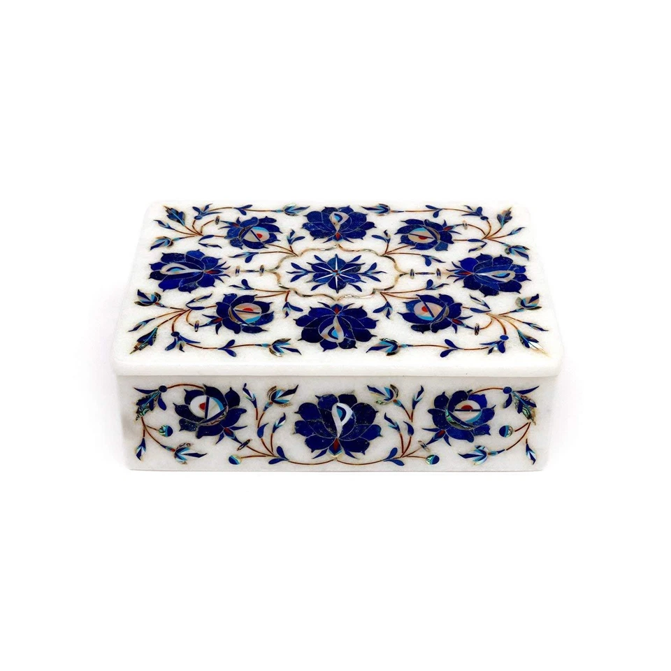 Marble jewelry Box Semi Precious Stone lapis floral Inlay handicraft Work - Image 1 of 4